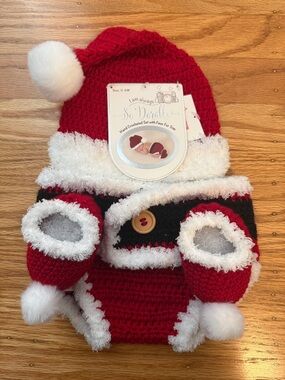 Hand-Crocheted Red & White Infant Santa Hat and Booties Set